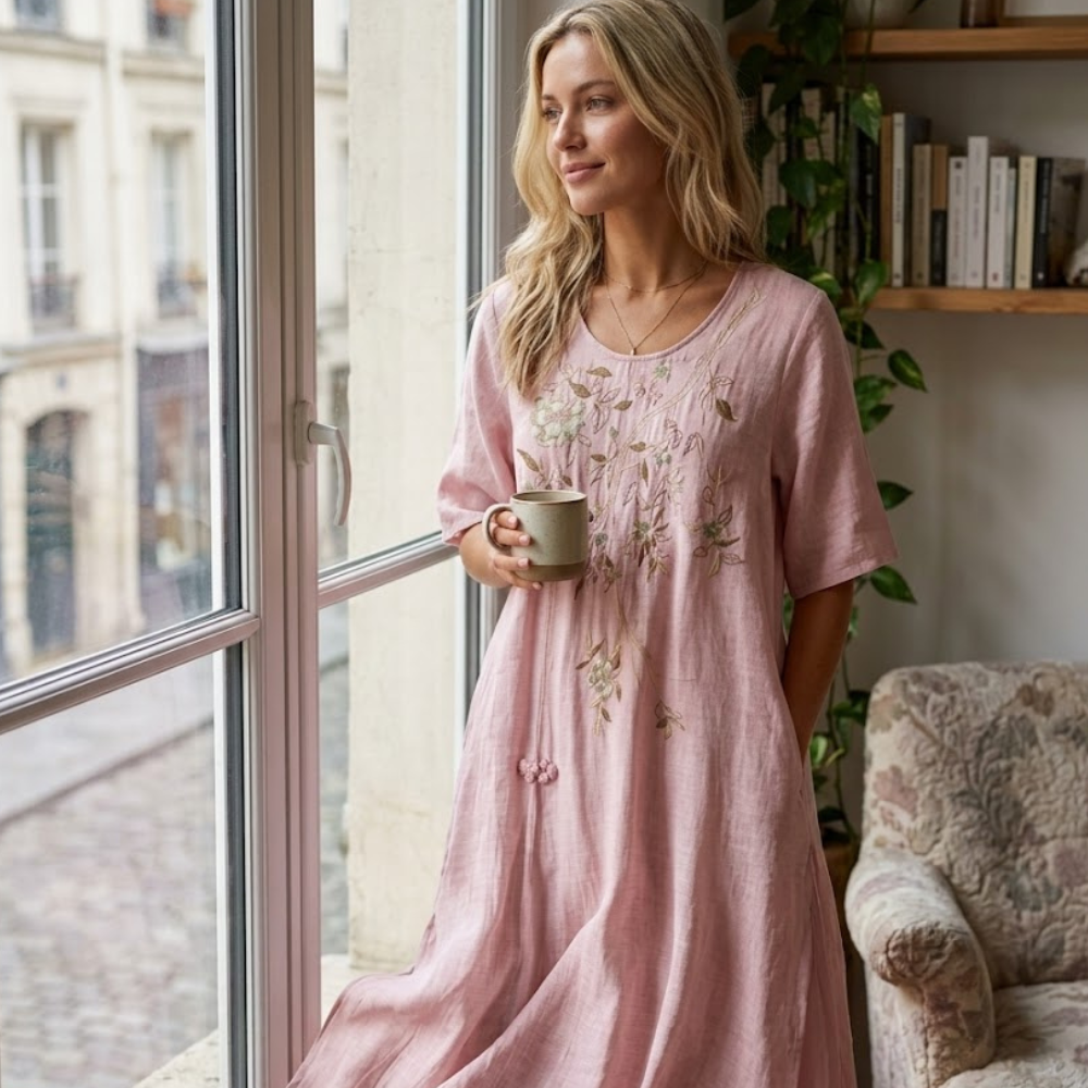 Amelia Vestido Largo Boho para Mujer – Vestido de Algodón y Lino con Bordados Florales