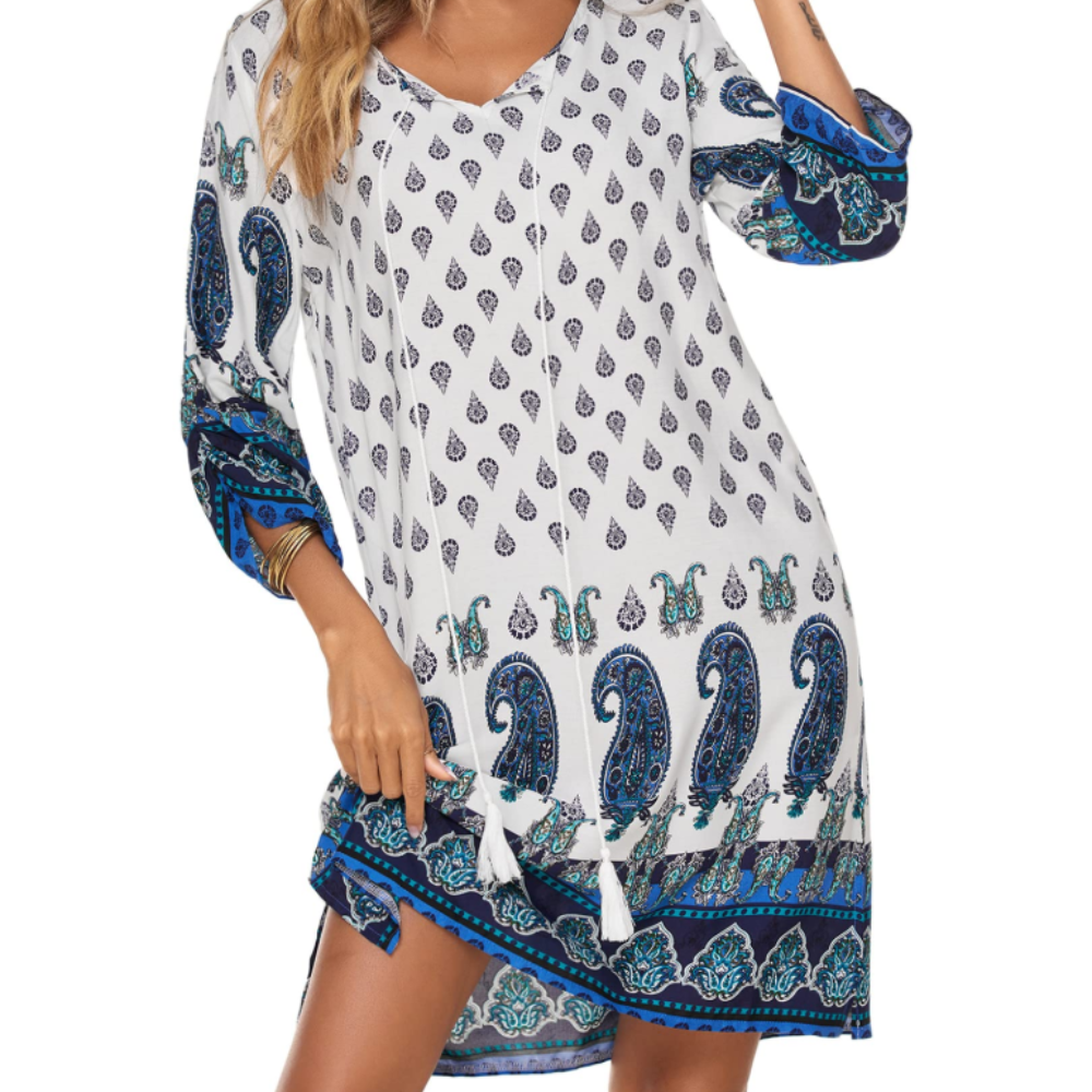 Victoria Women's Tunic Dress – Boho Floral Dress with 3/4 Sleeves and Tassels
