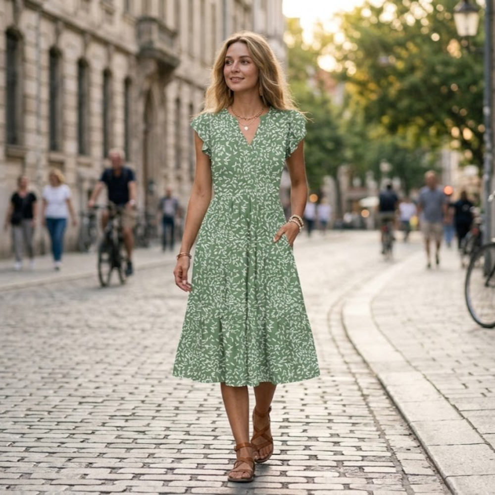 Bella Vestido Midi para Mujer – Vestido de Verano en Línea A con Escote en V, Volantes y Bolsillos