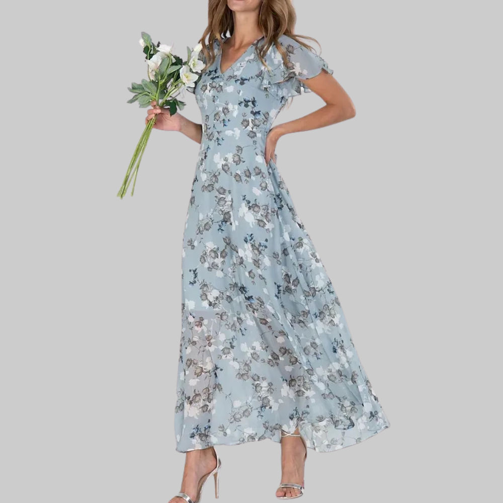 Vestido Maxi Floral Bella para Mujer – Vestido con Escote en V y Mangas Cortas, Fluido de Verano