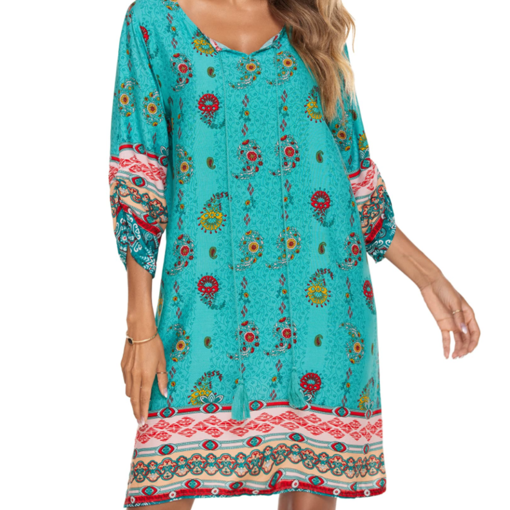Victoria Abito Tunica Donna – Vestito Boho Floreale con Maniche 3/4 e Nappine
