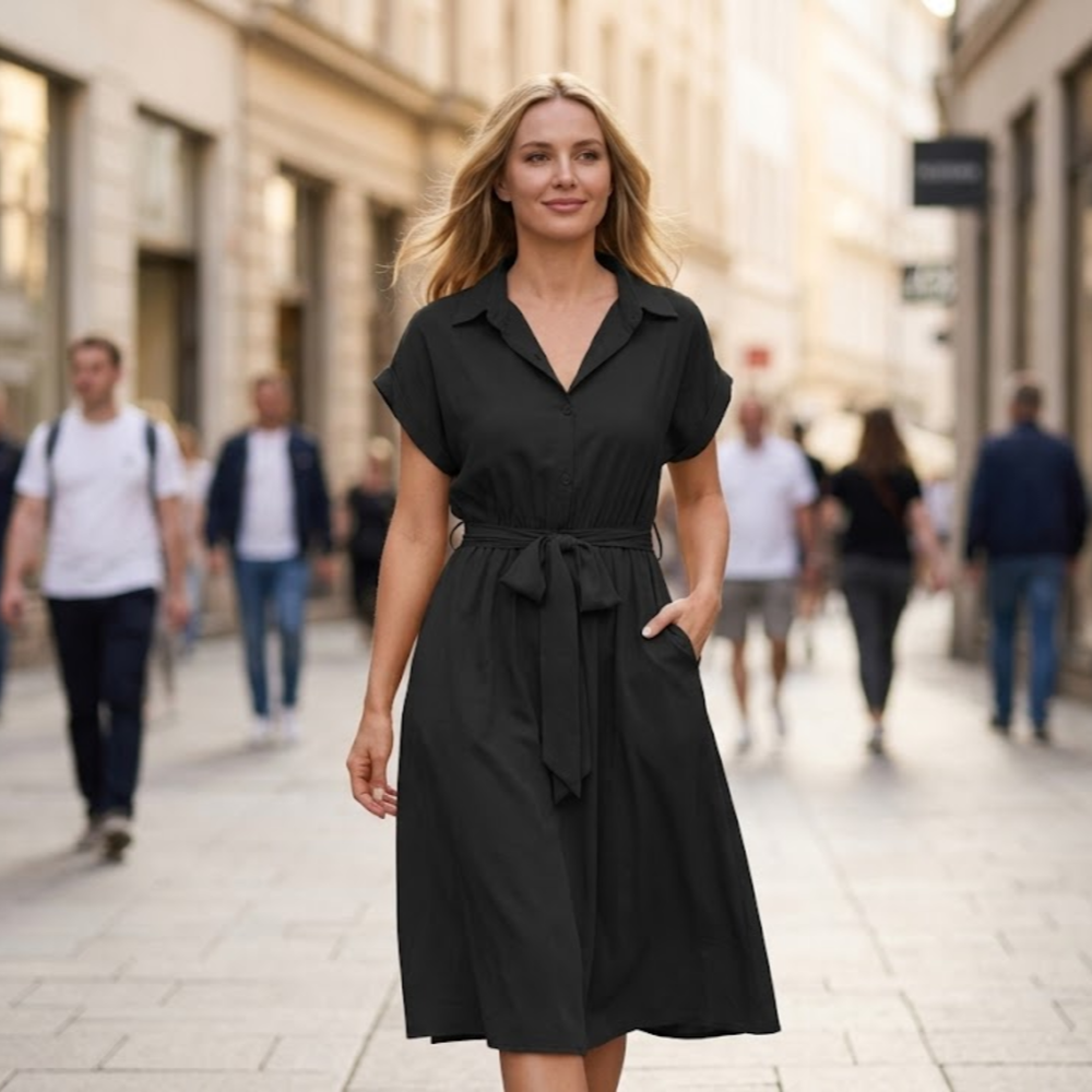 Audrey Abito Camicia Donna – Vestito Midi con Scollo a V, Maniche Corte e Tasche