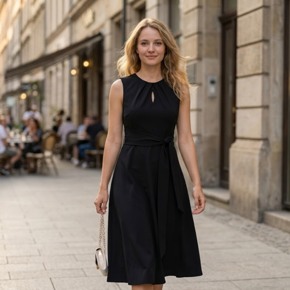 Bella Vestido Midi para Mujer – Vestido Línea A sin Mangas con Cinturón y Bolsillos