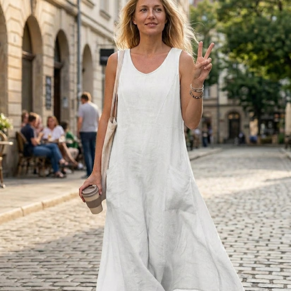 Vestido maxi Valentina de algodón y lino para mujer – vestido boho oversize con bolsillos