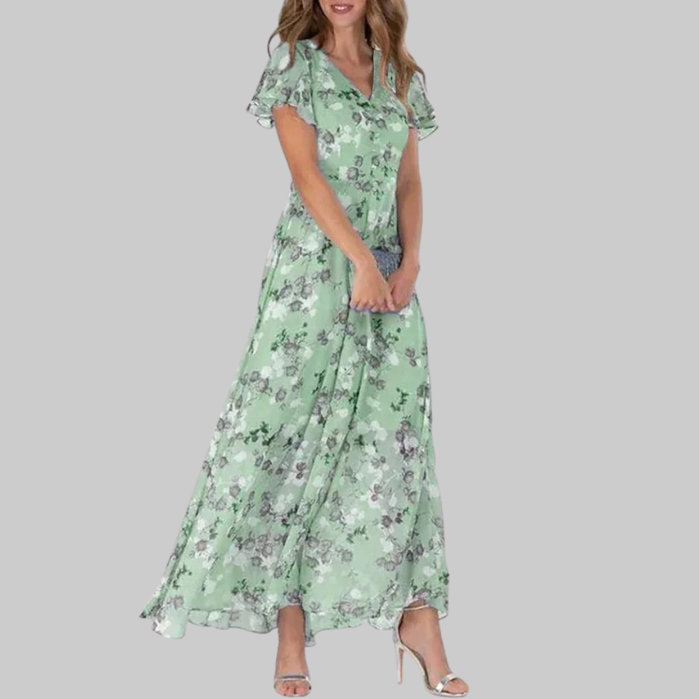 Vestido Maxi Floral Bella para Mujer – Vestido con Escote en V y Mangas Cortas, Fluido de Verano