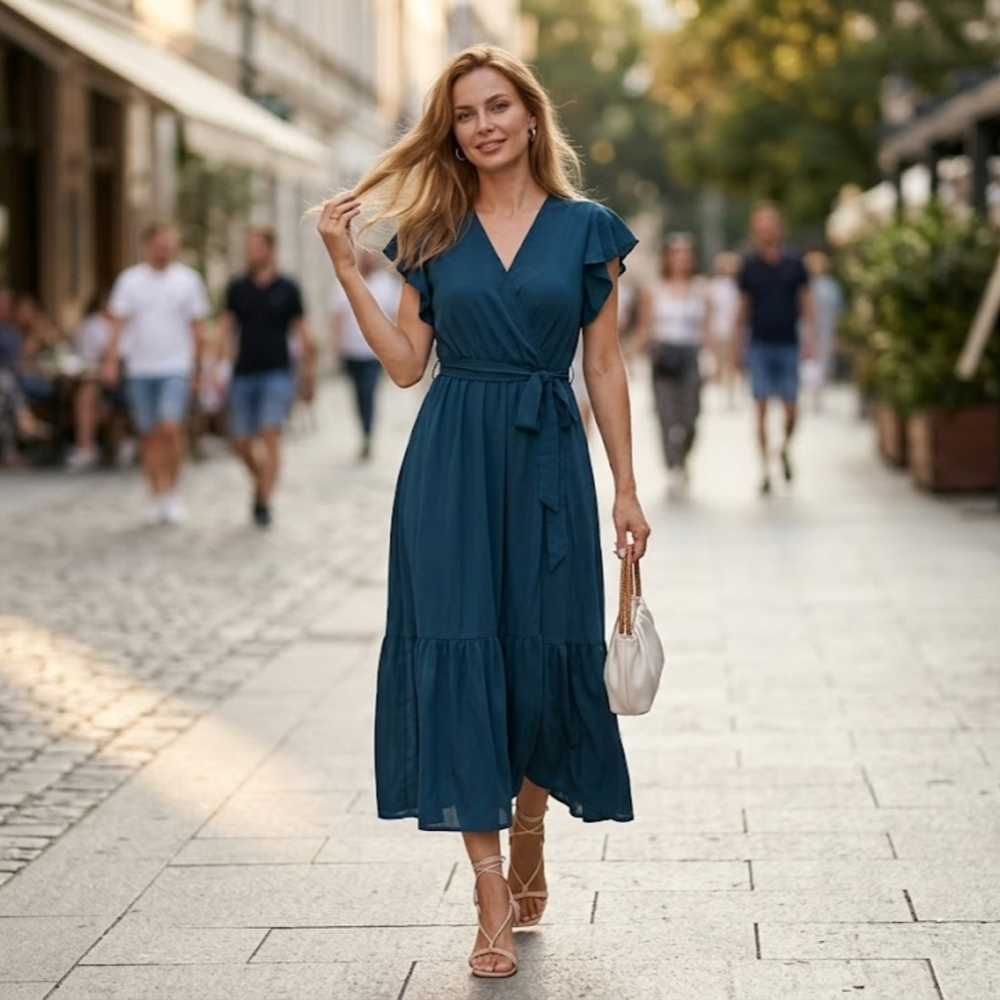 Ava Women's Maxi Dress – Boho Dress with V-Neck, Ruffles, and Belt