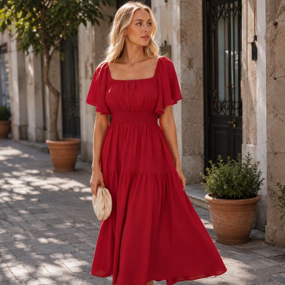 Vestido largo de gasa para mujer Sofia – Escote cuadrado/hombros descubiertos, línea A elegante