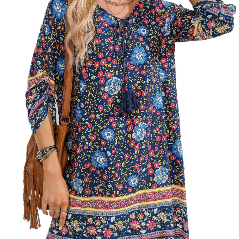 Victoria Abito Tunica Donna – Vestito Boho Floreale con Maniche 3/4 e Nappine