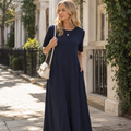 Livia Robe Femme Maxi Ligne A – Robe Col Rond Manches Courtes, Poches Élégantes