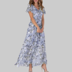 Robe maxi florale Bella pour femme – Robe à col en V manches courtes, fluide estivale