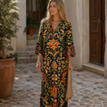 Robe en lin vintage Hilda pour femme – Robe midi à imprimé géométrique, légère élégante