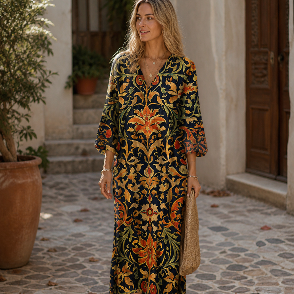 Robe en lin vintage Hilda pour femme – Robe midi à imprimé géométrique, légère élégante