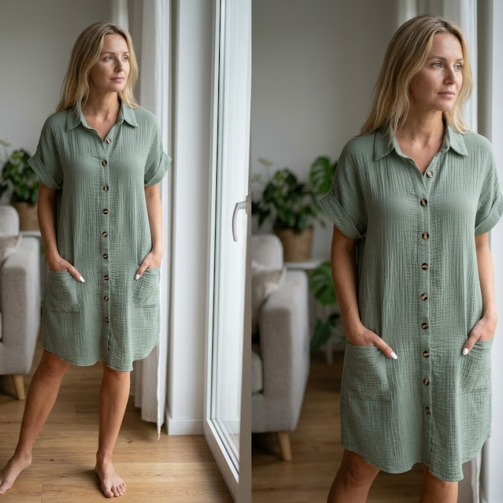 Mia Abito in Mussola Donna – Vestito Midi Estivo con Scollo a V e Bottoni