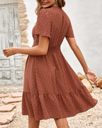 Megan Vestito Donna Mini – Pois, Scollo a V, Volant & Taglio Linea A