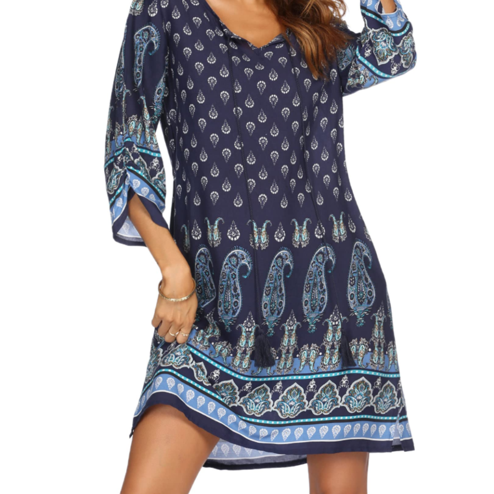 Victoria Abito Tunica Donna – Vestito Boho Floreale con Maniche 3/4 e Nappine