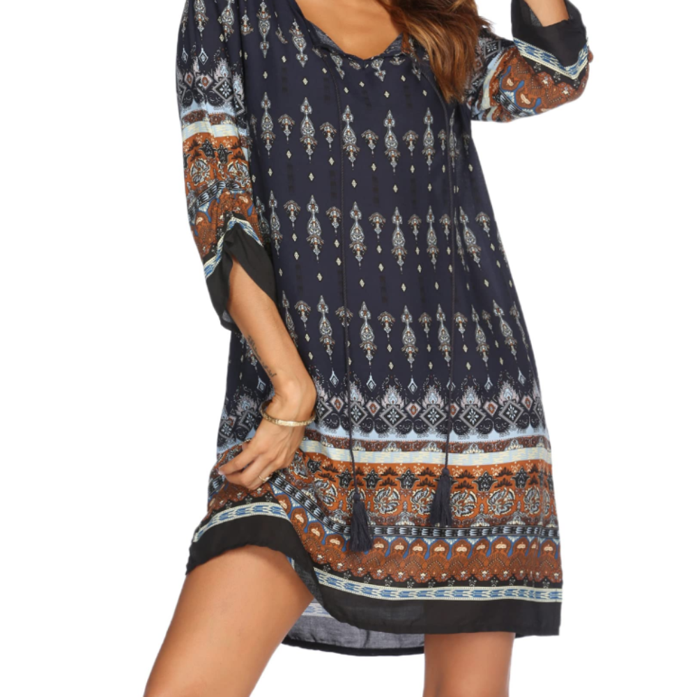 Victoria Abito Tunica Donna – Vestito Boho Floreale con Maniche 3/4 e Nappine