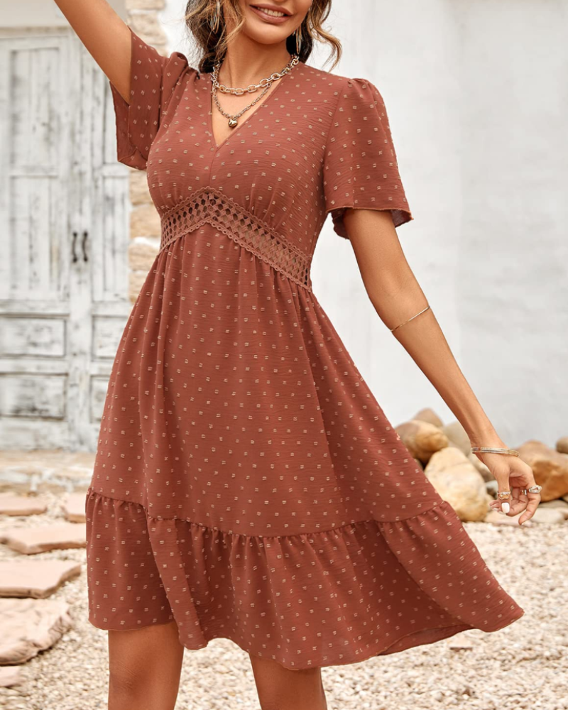 Megan Vestito Donna Mini – Pois, Scollo a V, Volant & Taglio Linea A