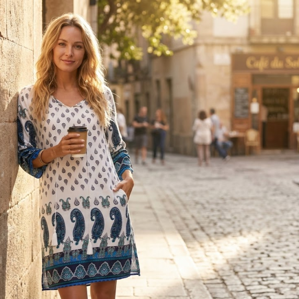 Victoria Abito Tunica Donna – Vestito Boho Floreale con Maniche 3/4 e Nappine