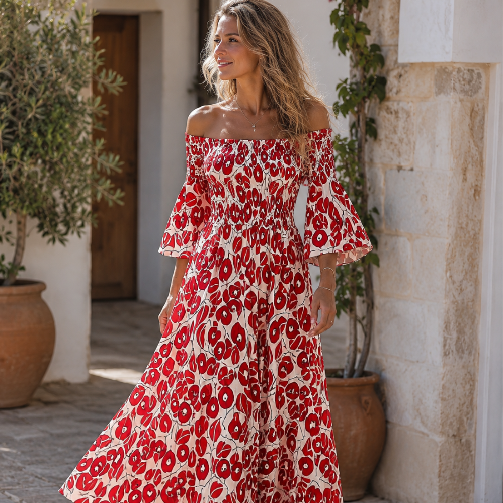 Robe épaules dénudées florale Mar pour femme – Robe élégante fluide en tissu recyclé