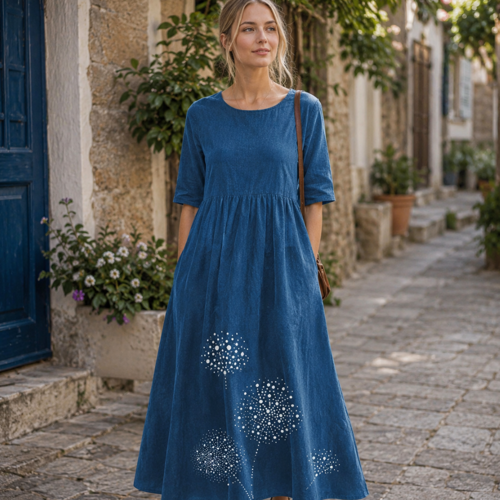 Elena Robe Femme Midi Coton Lin – Robe Décontractée Col Rond Manches Courtes Grande Taille
