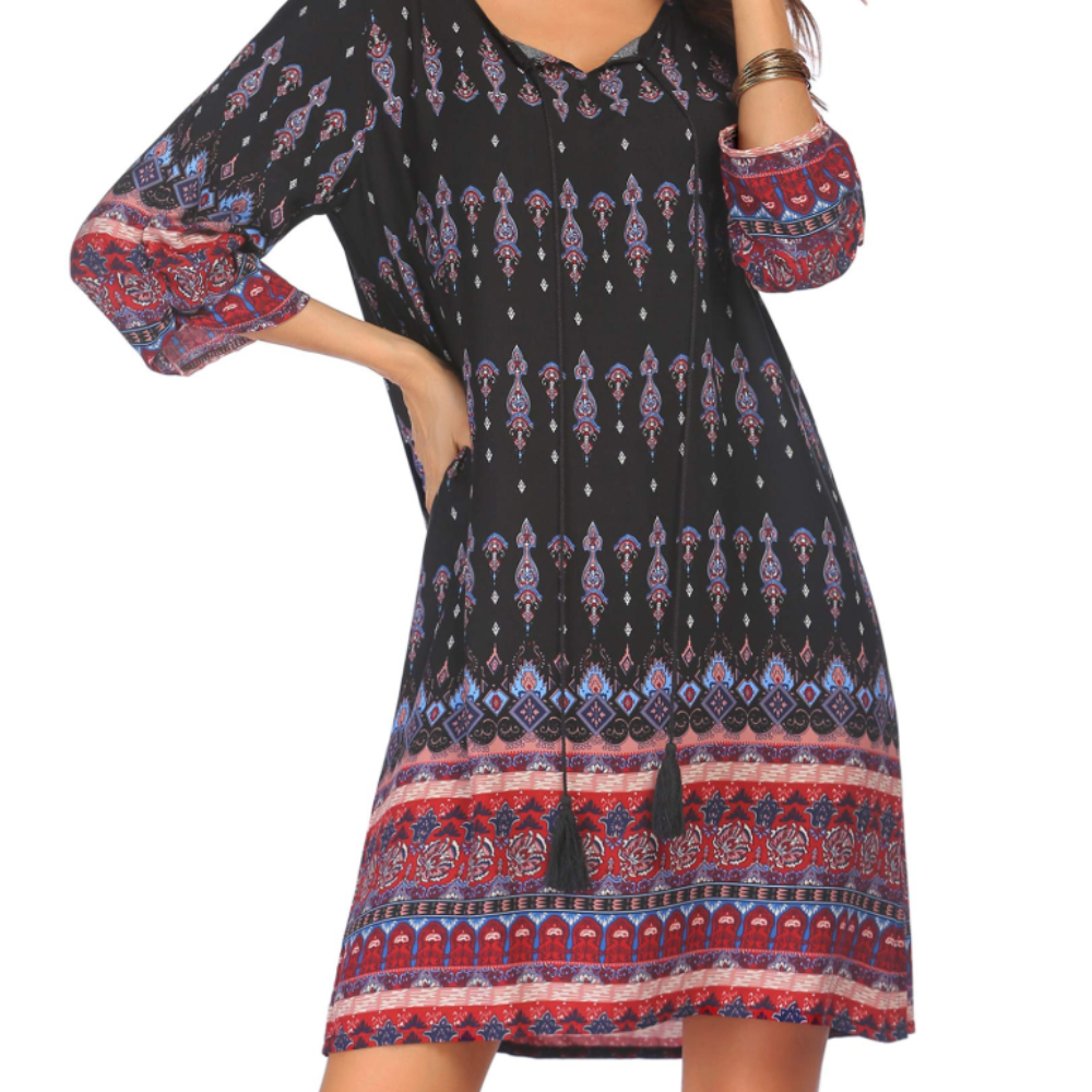 Victoria Abito Tunica Donna – Vestito Boho Floreale con Maniche 3/4 e Nappine