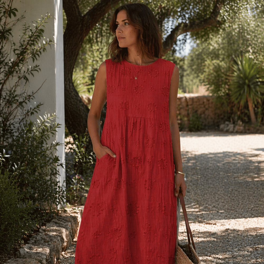 Trisha Robe Midi Femme – Robe Sans Manches en Coton avec Poches & Broderie Florale