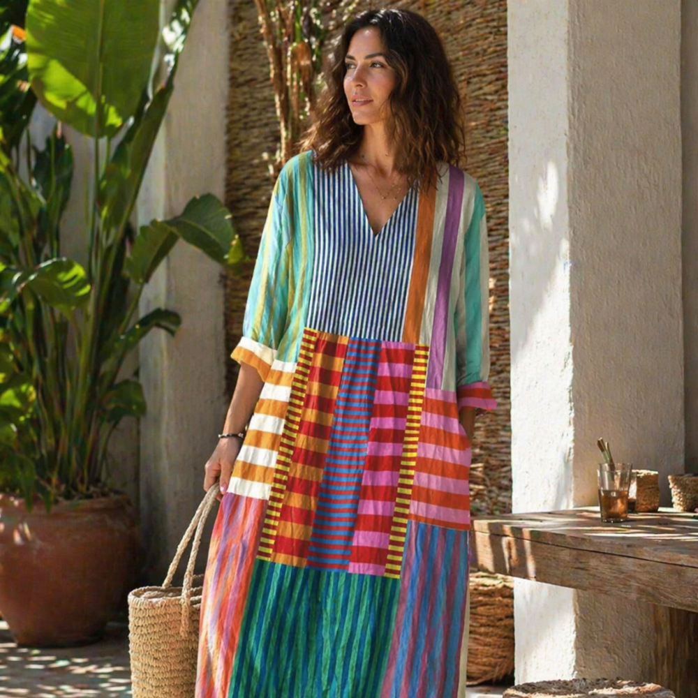 Darlene Robe Maxi Femme – Robe Longue Élégante avec Col V & Imprimé Moderne