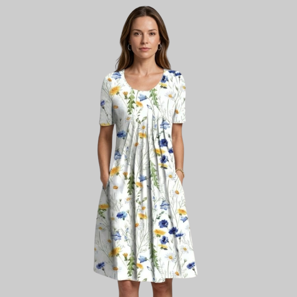 Ellay Vestido Mujer Midi Elegante – Vestido Línea A con Plisados y Bolsillos Cómodos