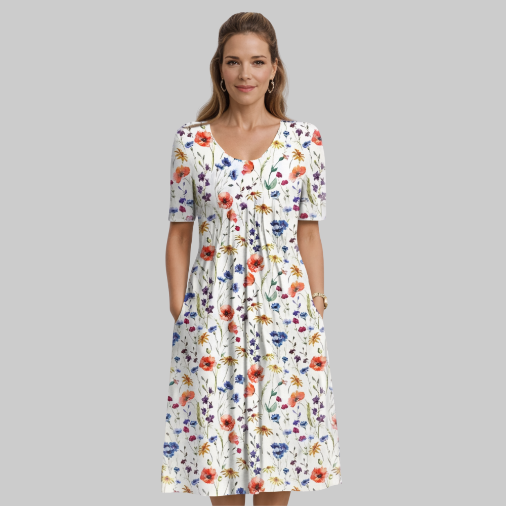 Ellay Vestido Mujer Midi Elegante – Vestido Línea A con Plisados y Bolsillos Cómodos