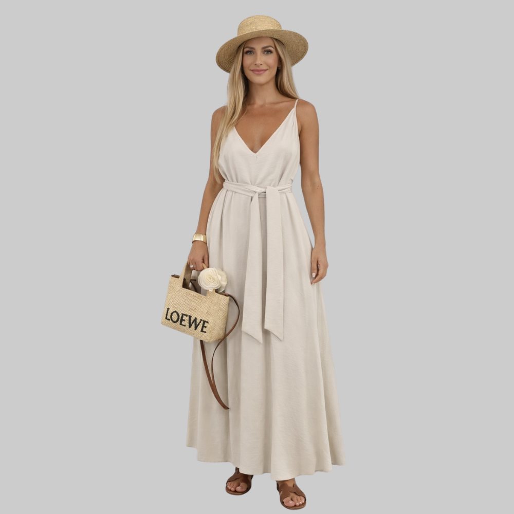 Isabel Robe Femme Maxi en Viscose – Robe Estivale avec Col V et Bretelles Réglables