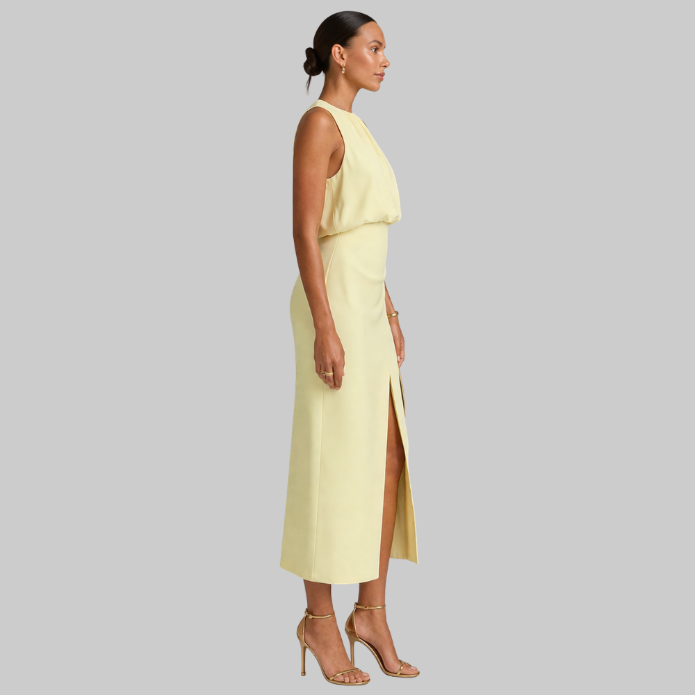 Liene Robe Femme Midi Élégante – Robe Sans Manches avec Col Montant et Fente Frontale