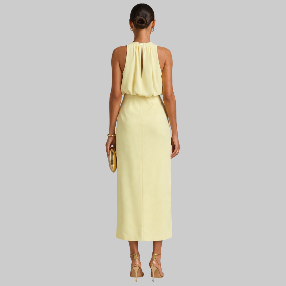 Liene Robe Femme Midi Élégante – Robe Sans Manches avec Col Montant et Fente Frontale