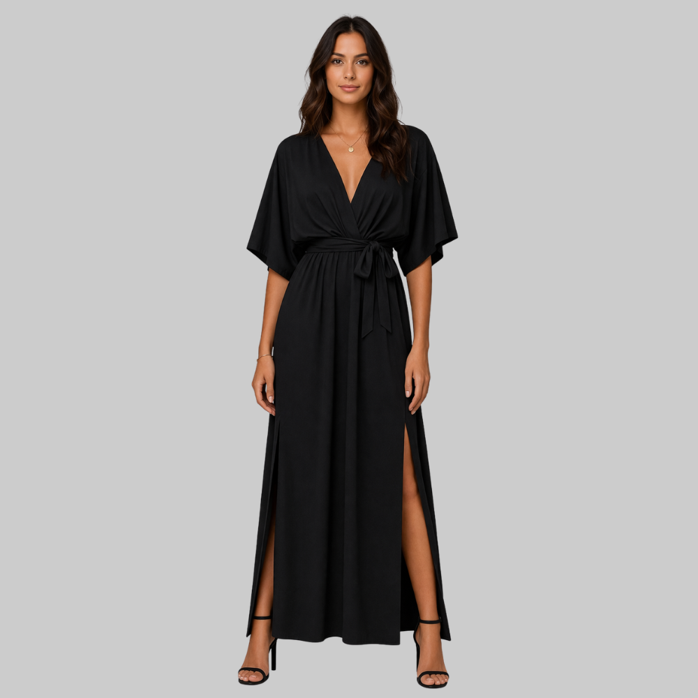 Amara Vestido Largo para Mujer – Elegante, Escote en V y Cinturón con Tela Fluida