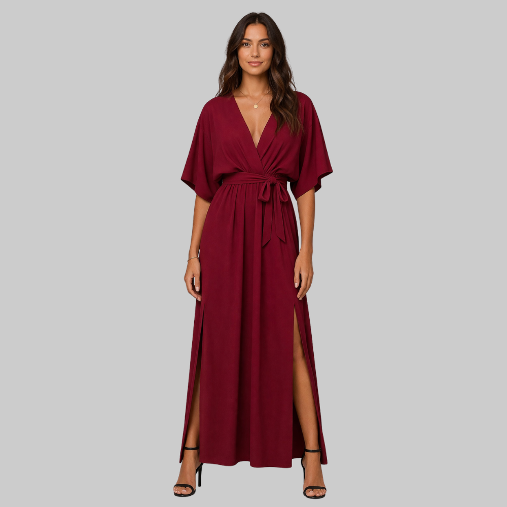 Amara Vestido Largo para Mujer – Elegante, Escote en V y Cinturón con Tela Fluida