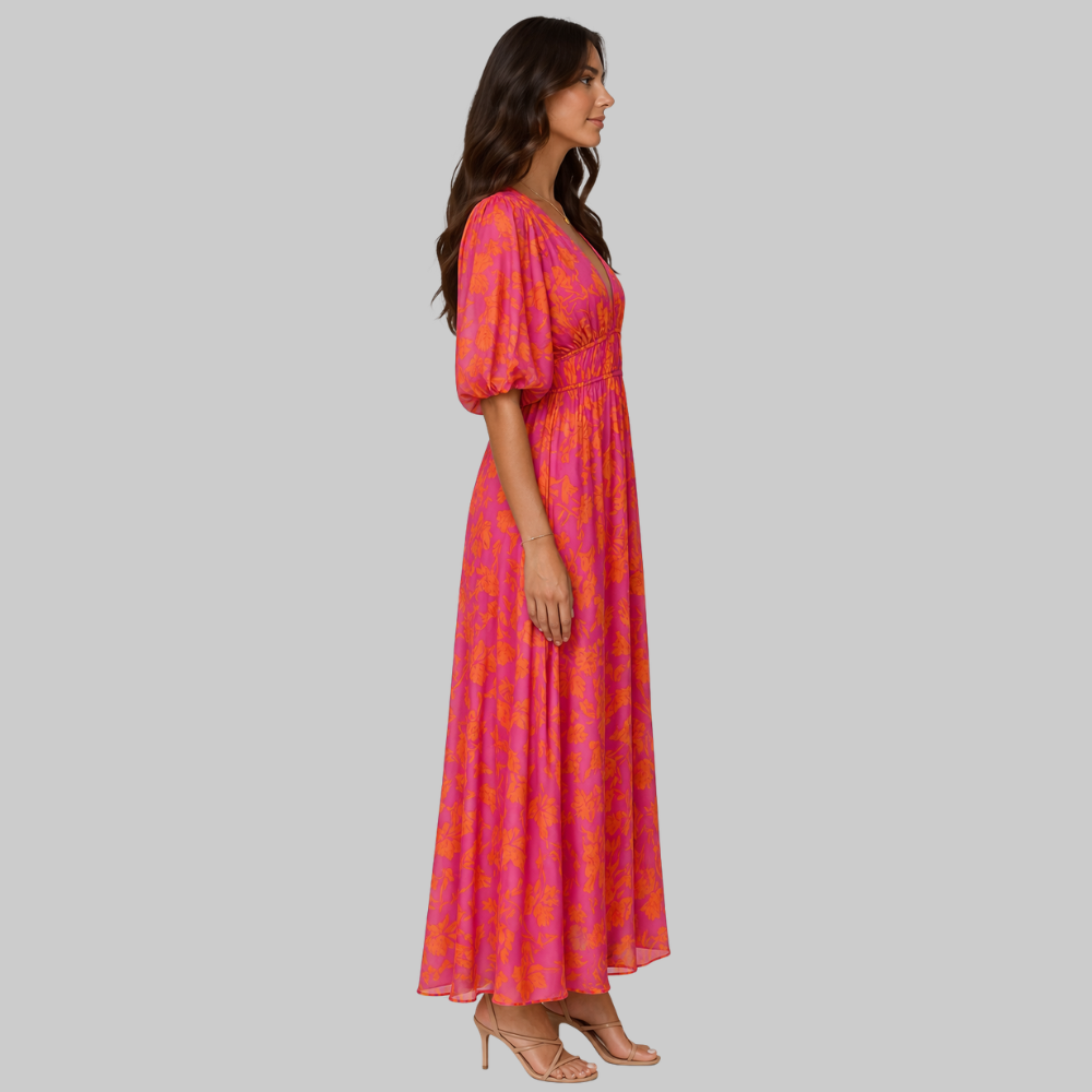 Nalia Robe Longue Femme – Imprimé Floral, Col V & Coupe Fluide d'Été