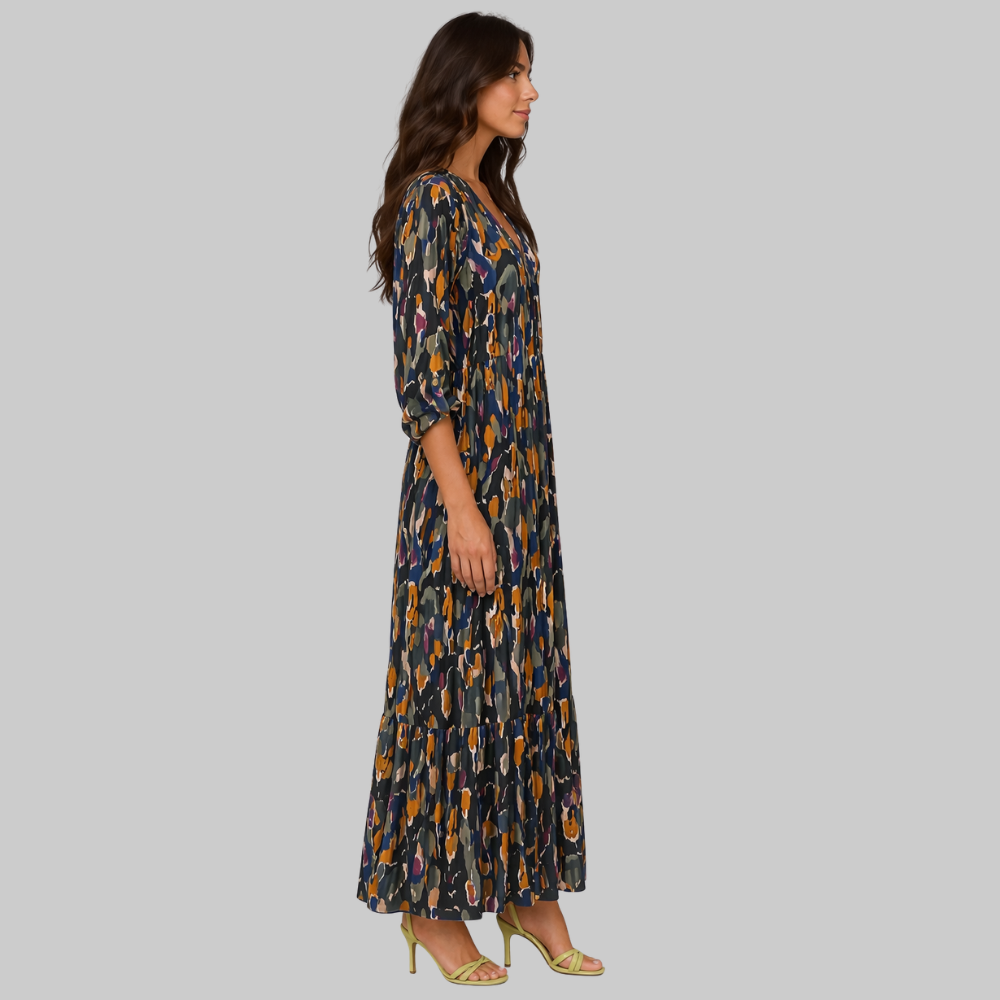 Nathalie Robe Femme – Imprimé Vintage, Col V & Manches Bouffantes Élégantes