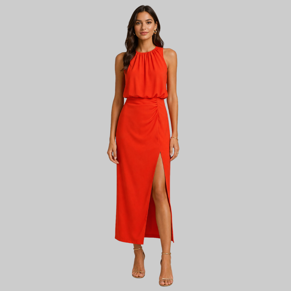 Liene Robe Femme Midi Élégante – Robe Sans Manches avec Col Montant et Fente Frontale