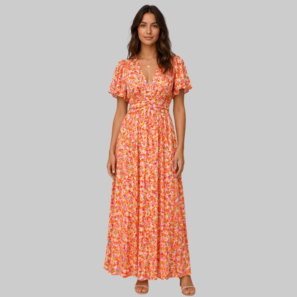 Anja Robe Longue Femme – Col V Élégant, Coupe Fluide & Style Raffiné