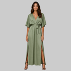Amara Robe Longue Femme – Élégante, Col V & Ceinture en Tissu Fluide