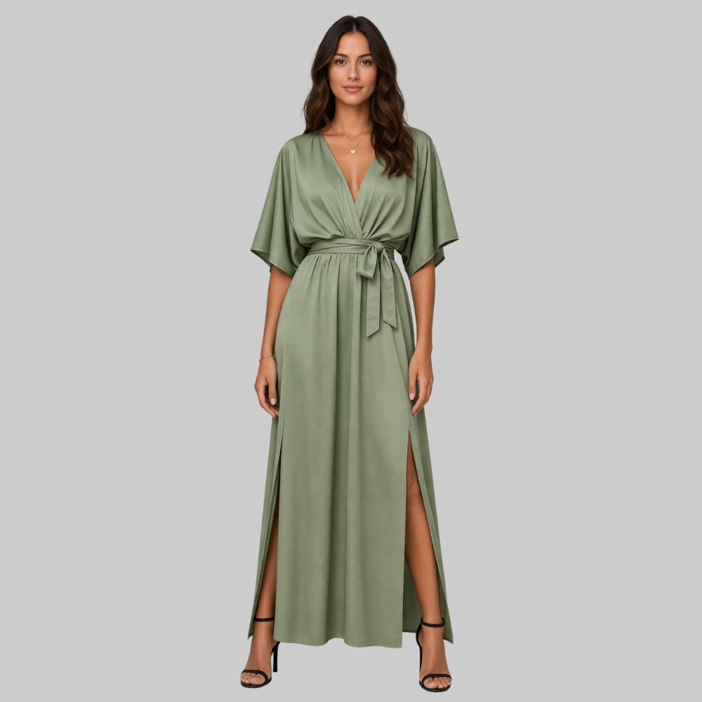 Amara Vestido Largo para Mujer – Elegante, Escote en V y Cinturón con Tela Fluida