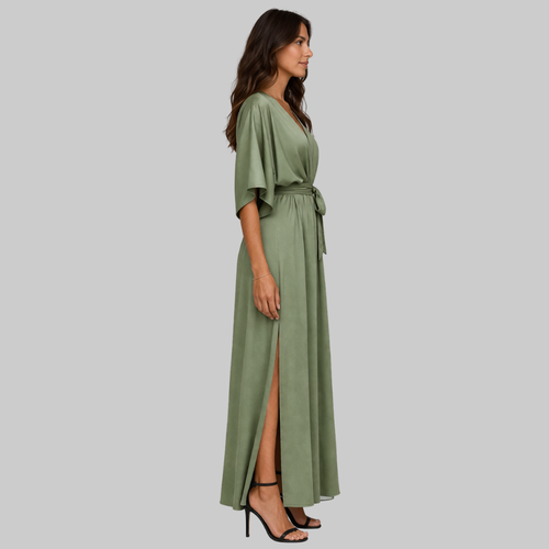 Amara Vestido Largo para Mujer – Elegante, Escote en V y Cinturón con Tela Fluida