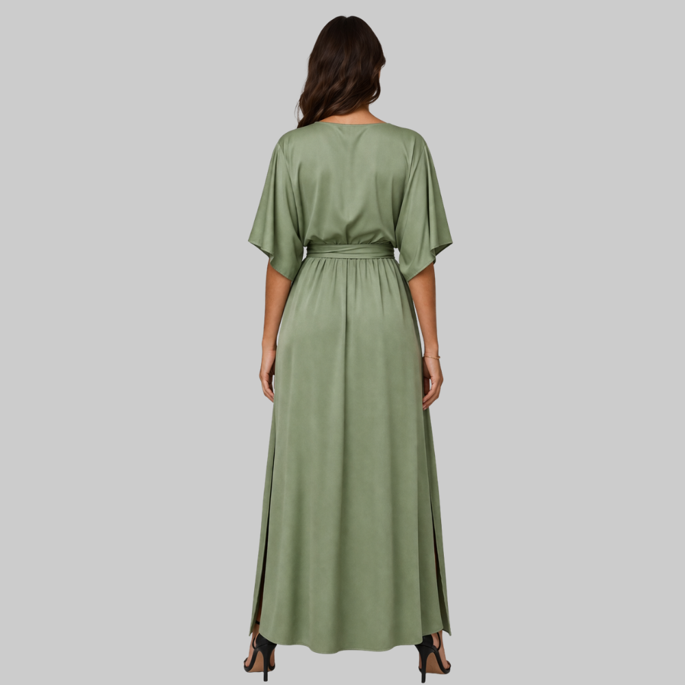 Amara Robe Longue Femme – Élégante, Col V & Ceinture en Tissu Fluide