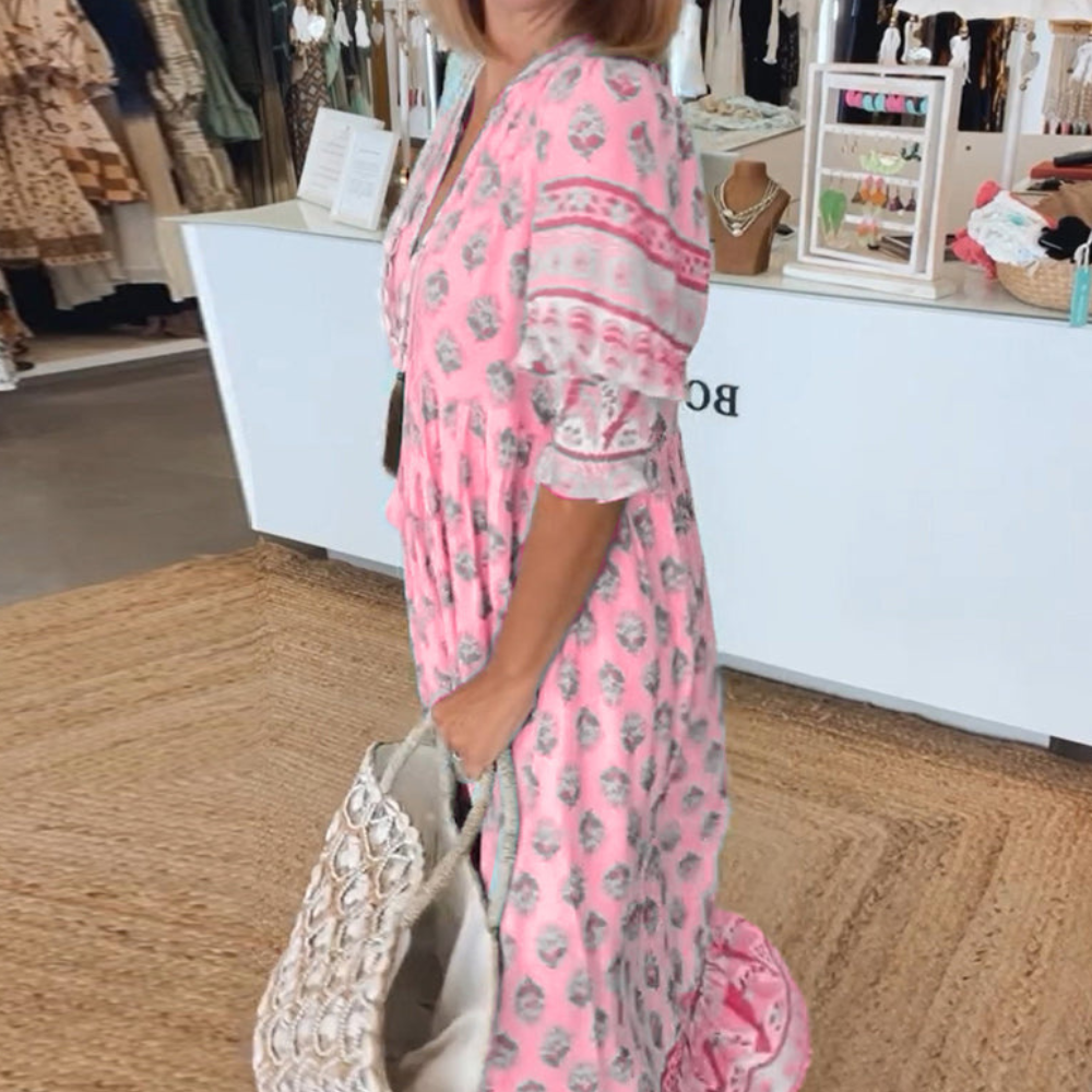 Ria Vestido Elegante de Mujer – Vestido Primaveral Escote en V, Mangas Abullonadas, Floral