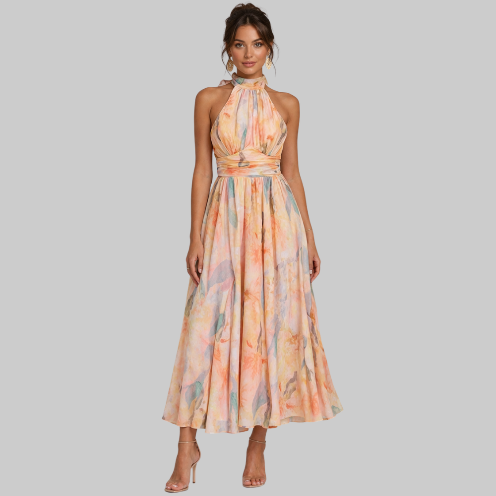 Soraya Robe Femme Maxi Élégante – Robe Dos Nu Halter avec Imprimé Floral