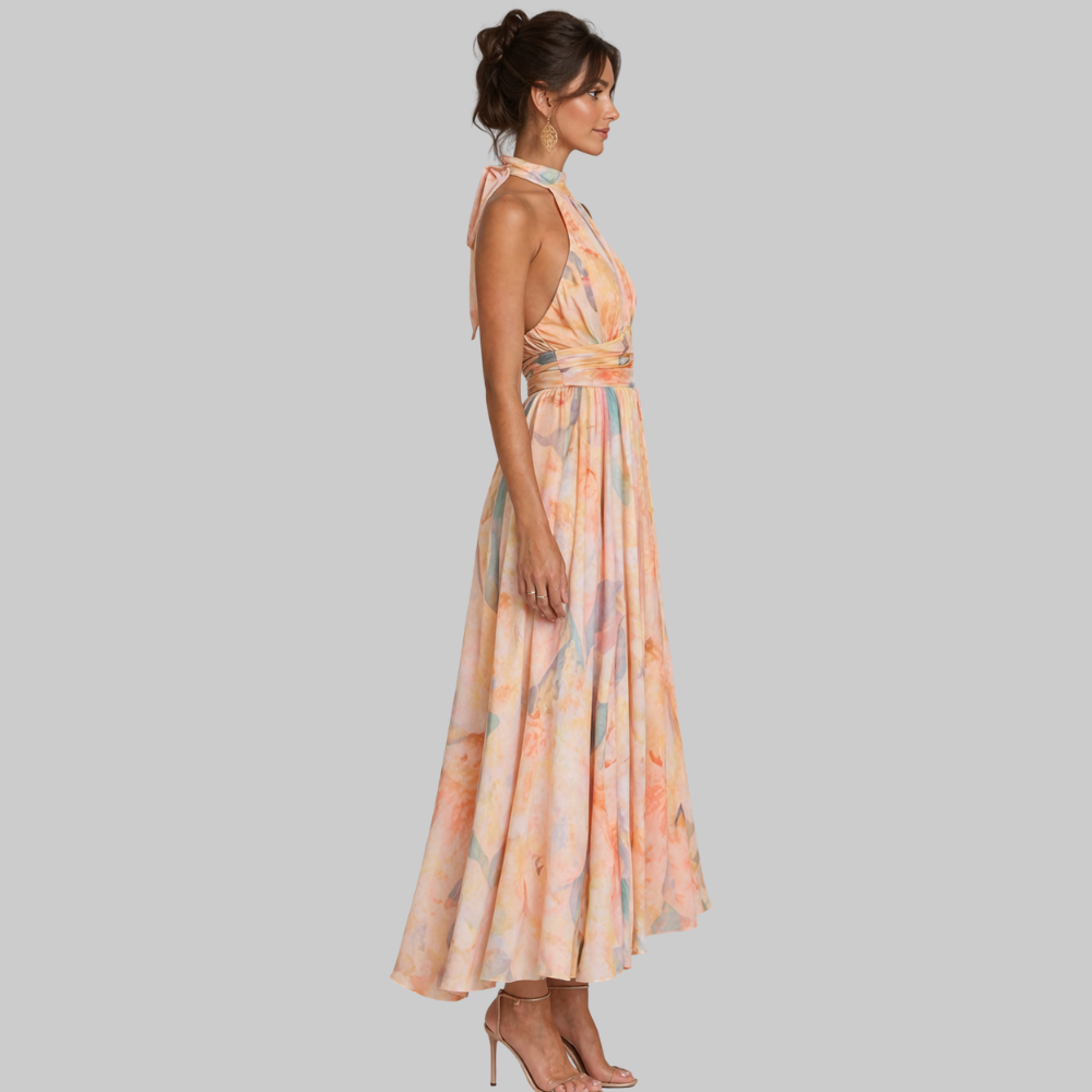 Soraya Robe Femme Maxi Élégante – Robe Dos Nu Halter avec Imprimé Floral