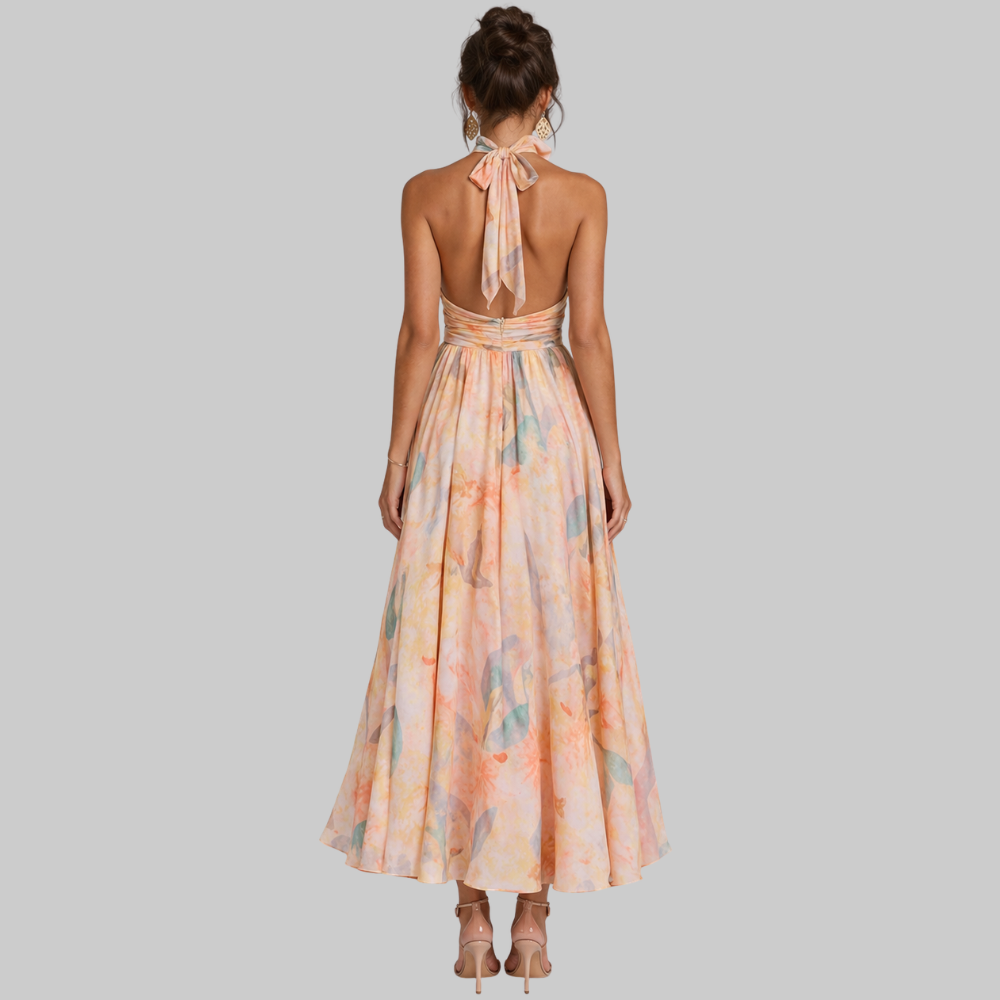Soraya Robe Femme Maxi Élégante – Robe Dos Nu Halter avec Imprimé Floral