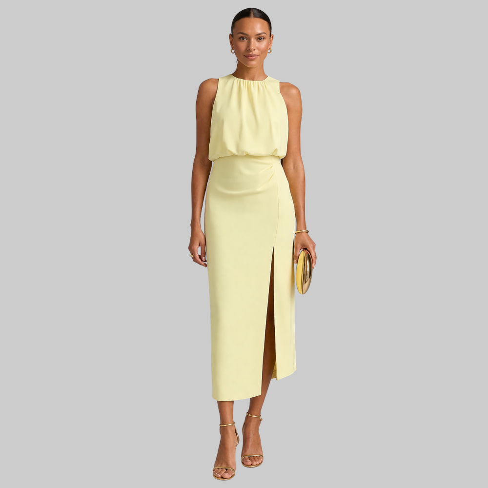 Liene Vestido Midi Elegante para Mujer – Vestido sin Mangas con Cuello Alto y Abertura Frontal