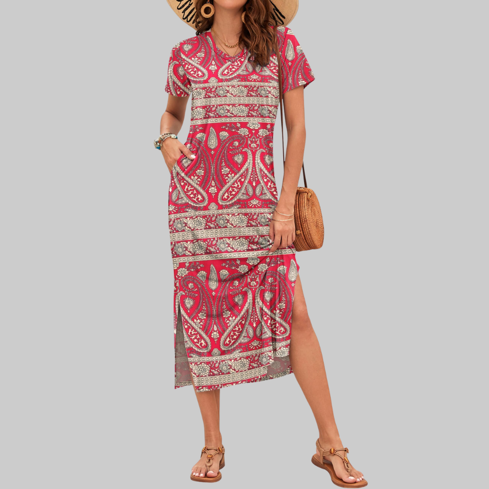 Isabelle Abito Maxi Donna – Vestito Estivo con Scollo a V, Maniche Corte e Spacco