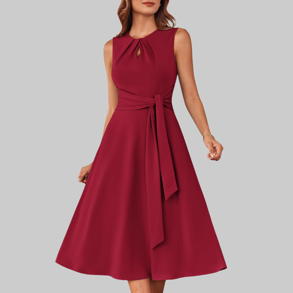 Bella Abito Midi Donna – Vestito A-Line Senza Maniche con Cintura e Tasche