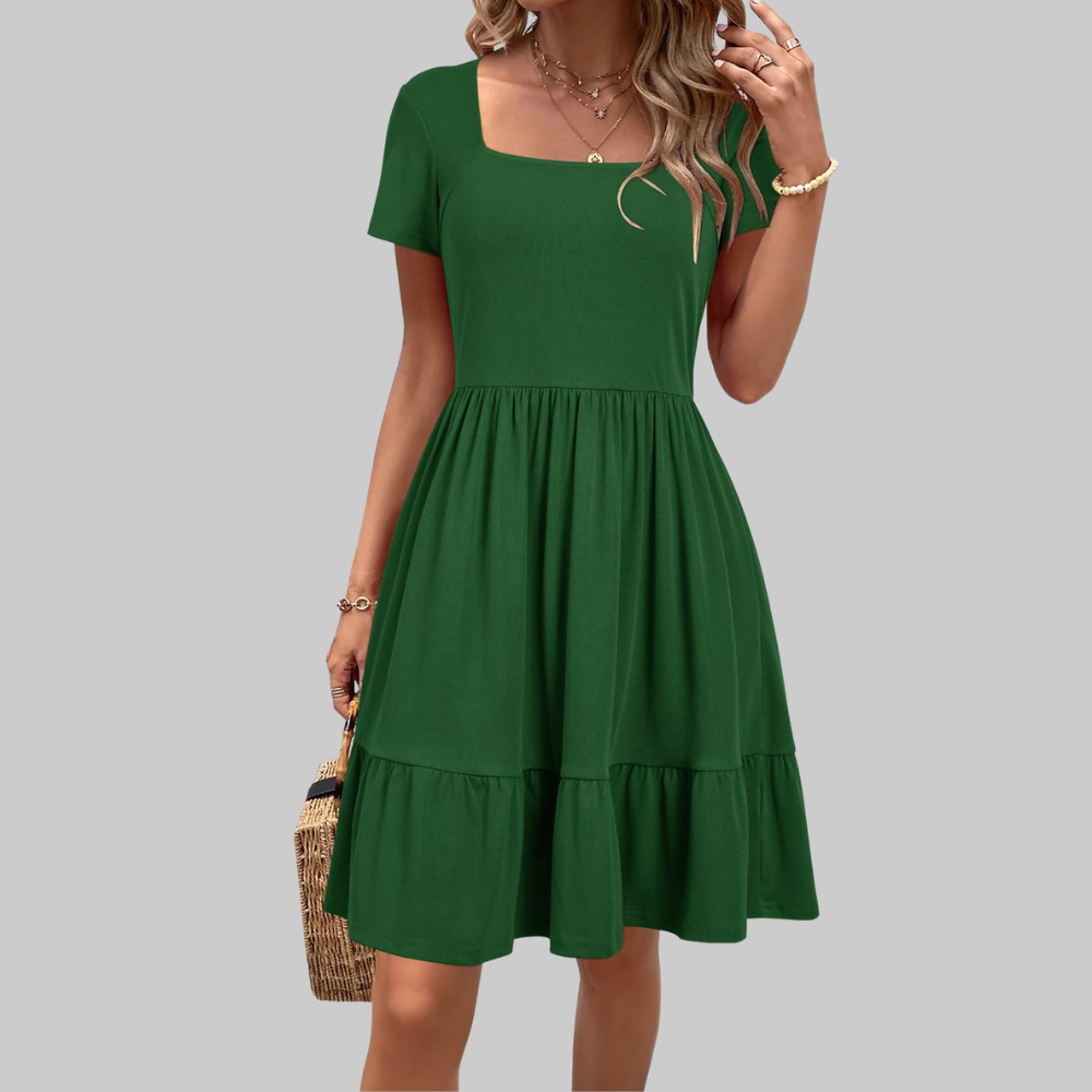 Stella Women's Summer Dress – Knee-Length Dress with Square Neck and Pockets
